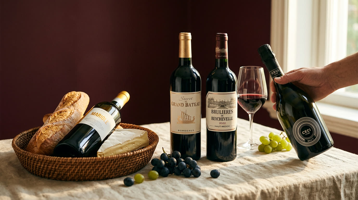 Bottles from the Vino & Co collection on a linen table — Grand Bateau, Brulières de Beychevelle, Mariole and Ceci